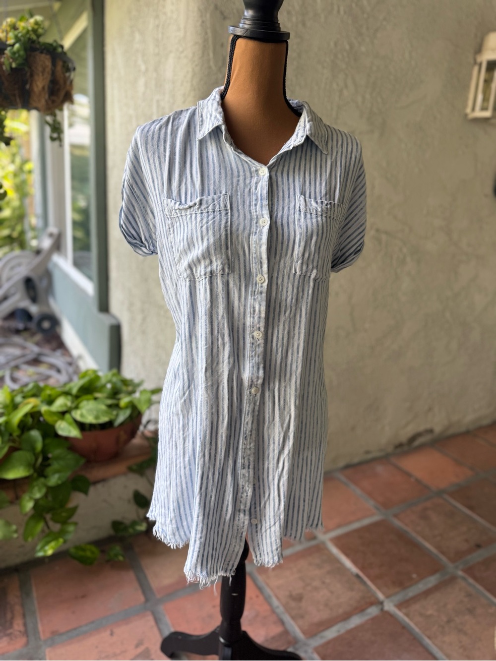 Thread & Supply Lightweight Striped Button-Down Tunic Dress - Blue & White